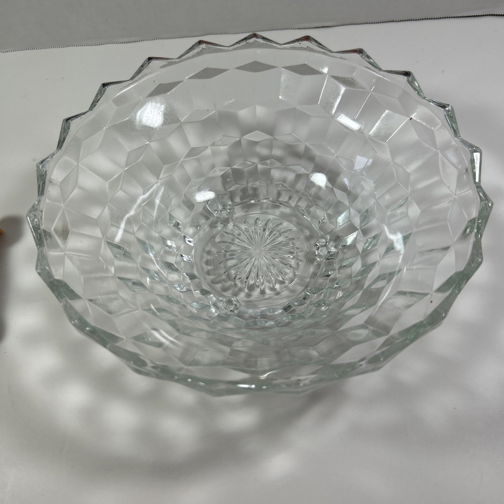 Vintage 10" INDIANA GLASS WHITEHALL CUBIST Clear Glass 3-Toed Footed‎ Bowl
